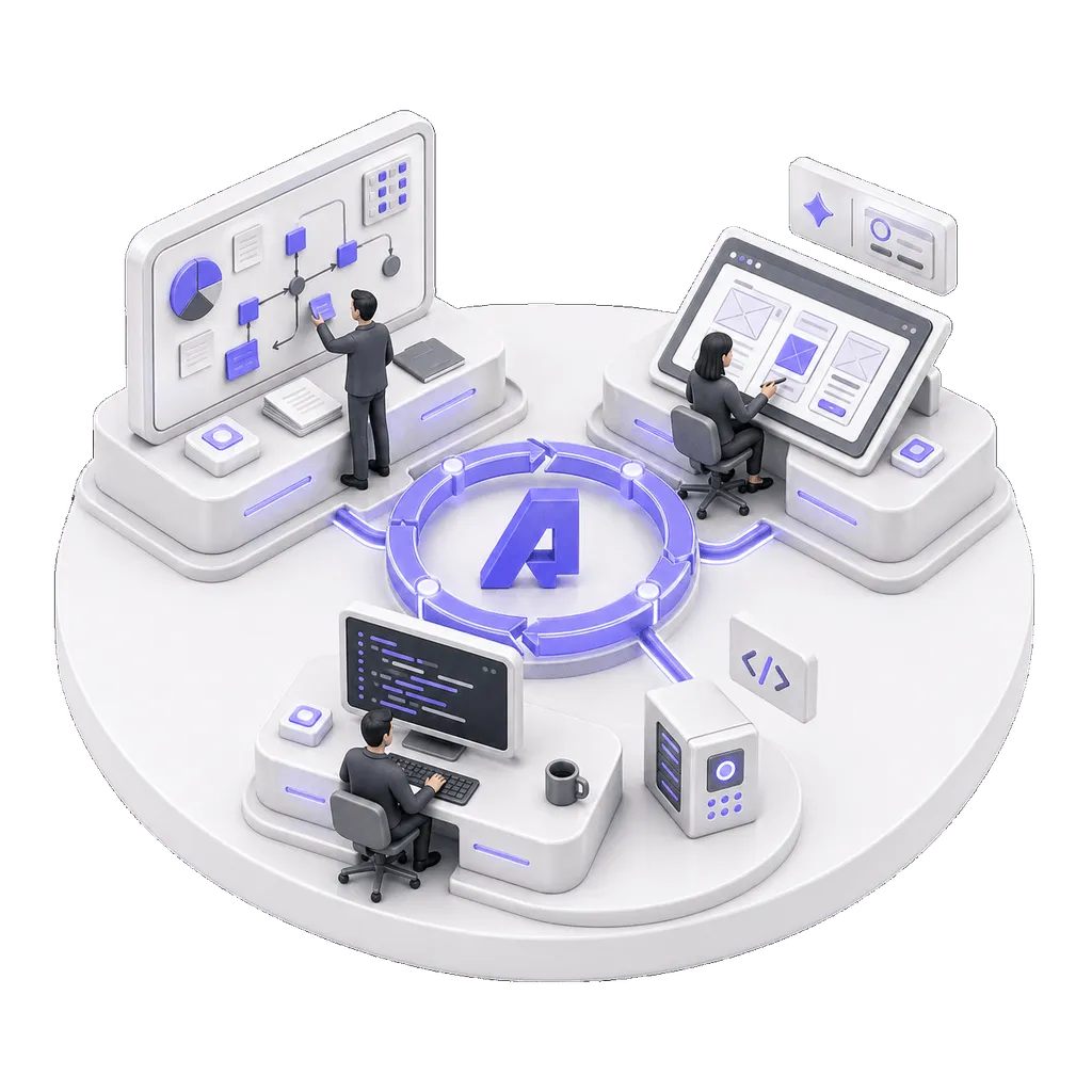 3D isometric illustration of product, UX, and engineering working in one close delivery loop.